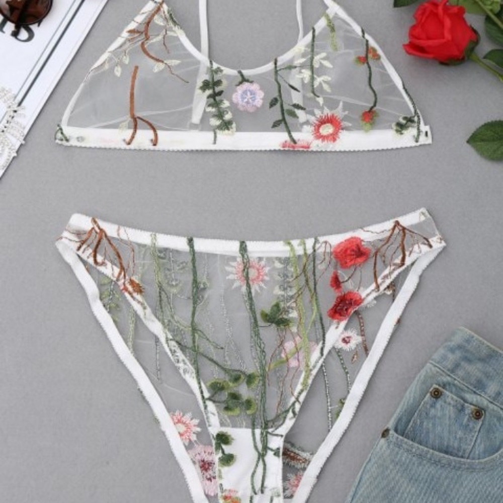 Boho Embroidered Mesh Bralette Set